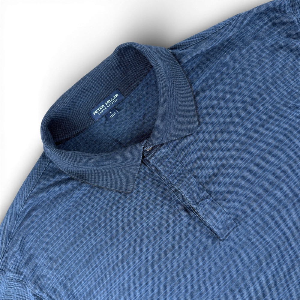 Peter Millar Polo Shirt Mens L Navy Blue Striped‎ Short Sleeve Crown Crafted
